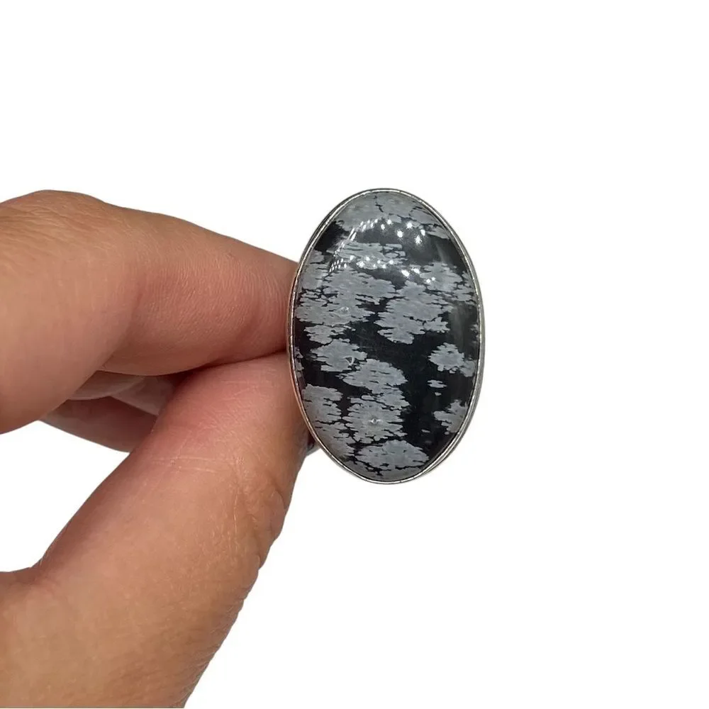 Snowflake Obsidian Ring Size 7 925 Sterling Silver Overlay Black Oval Chunky